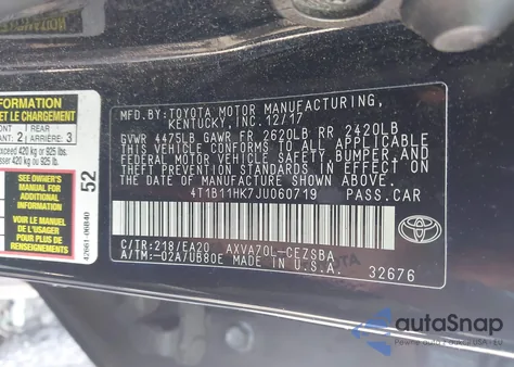 2018 Toyota Camry Se from USA, damaged, VIN 4T1B11HK7JU060719